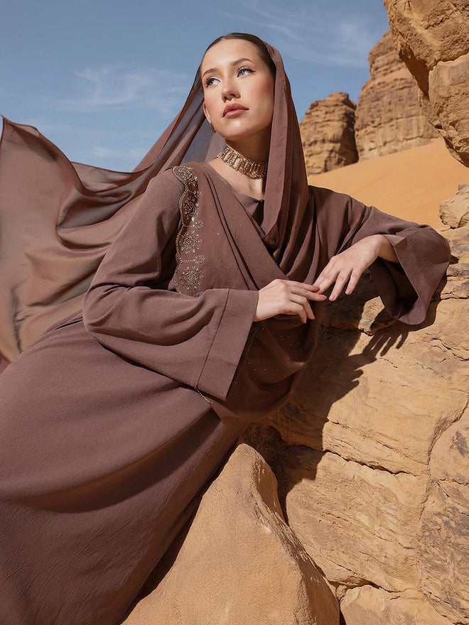 ISHIN Brown Georgette Regular Abaya with Embellished Hijab - Image 1
